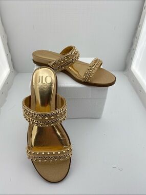 Jennifer Lopez Metallic Gold Double-Strap Slide Sandals with Studs